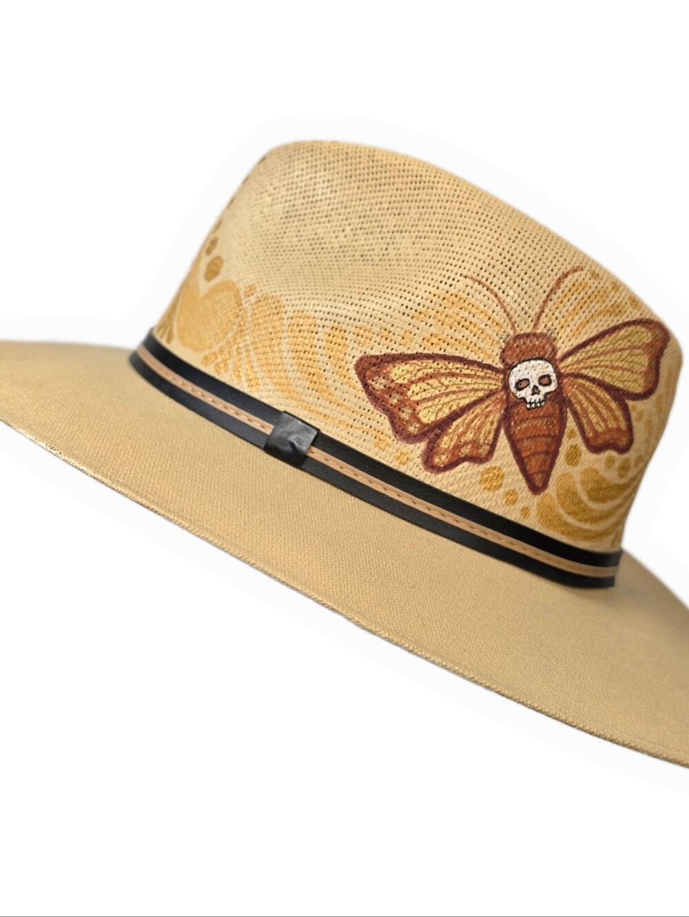 Alternative Sun Hat - Hand Painted Death Head Hawk Moth Tan and Gold Size Medium